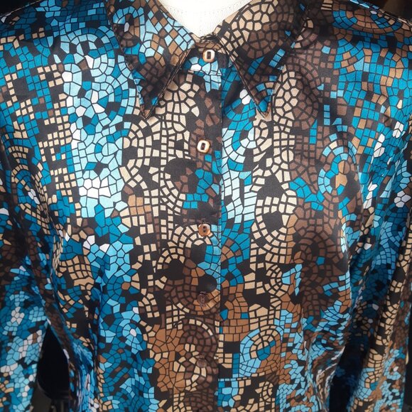 Laura Studio SZ18 Satin Finish Geometric Button Up Women's Shirt, Blues & Browns - Picture 8 of 15